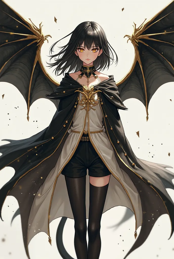 alone, anime girl,  dragon girl , dragon wings on the back black and gold medium black hair, golden eyes, fair skin, Black and gold cape, white clothes,  black pants.