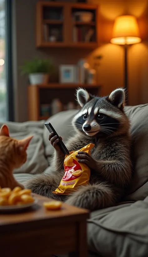 A mischievous raccoon lounges in a cozy living room, holding a smartphone to its ear while watching TV. In its other paw, it grips a bag of chips, mid-snack. Suddenly, its eyes widen with excitement as it hears the invitation from the orange cat over the p...