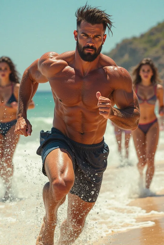 Super muscular handsome body builder running on beach open body and women getting wet with his sweat