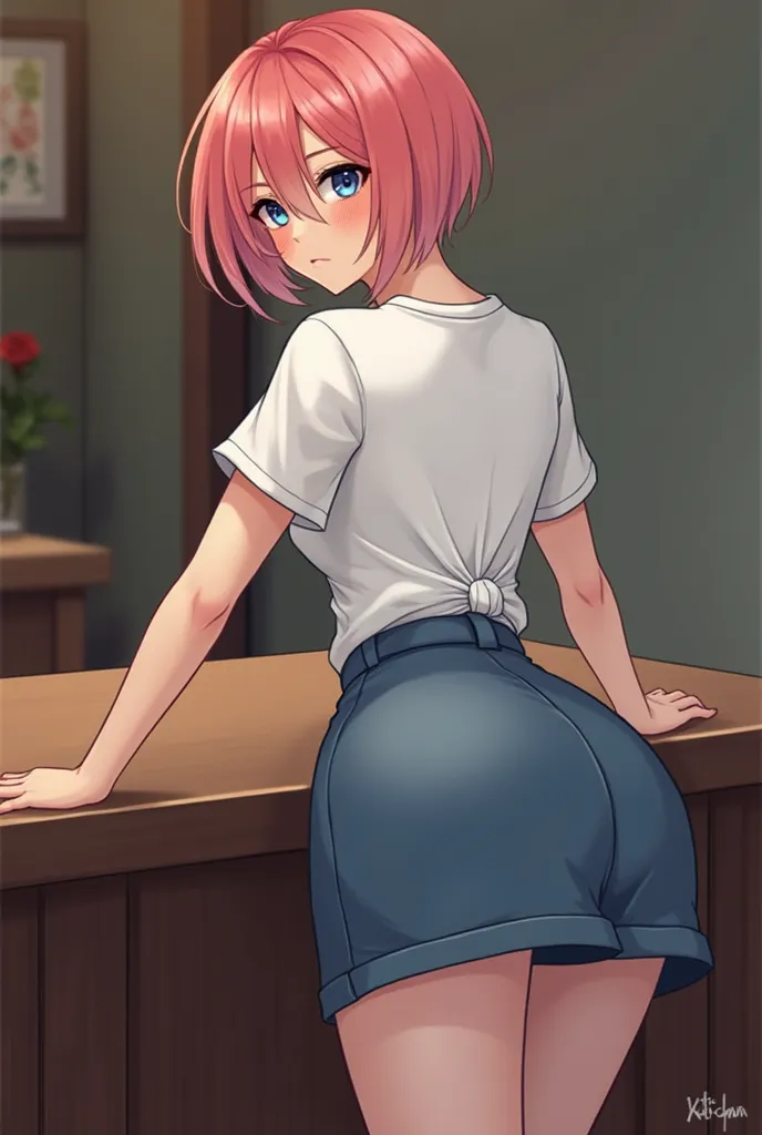  attractive young woman, by Rubio, blue eyes, short pink skirt, white shirt, BIG ASS, leaning forward, not , not , masturbate , crouched, ,   show off your butt , leaning on a table, squat,not