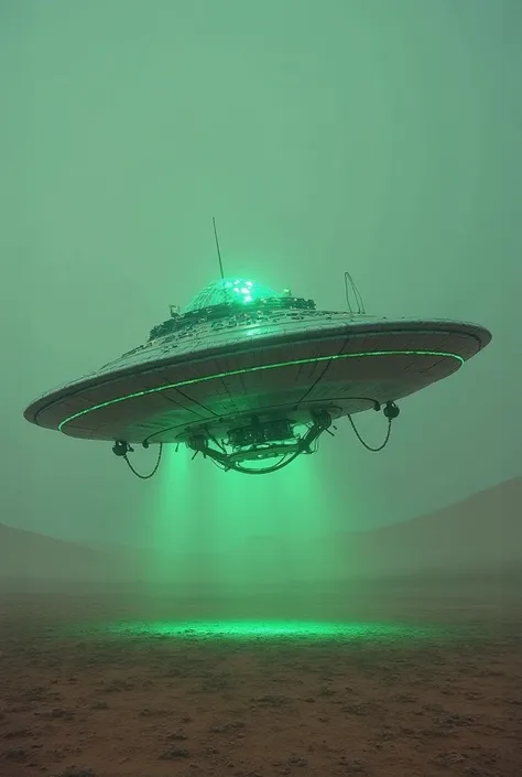 Advanced flying saucer with a neon green light parked open 