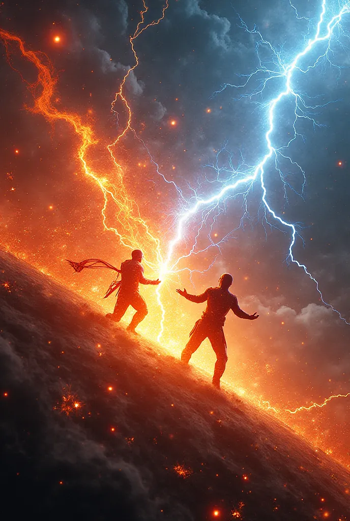 cinematic visuals of lightning, fire, and cosmic battles