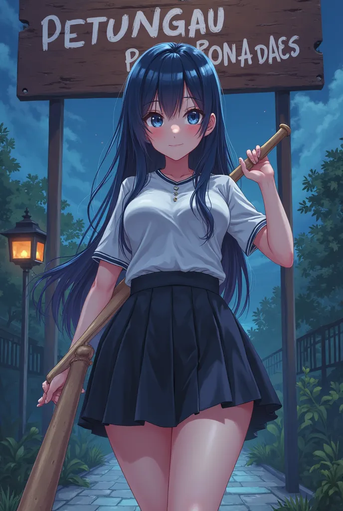 Generate me an cute and tsundere anime girl,she has big breast and very big tights, wearing an white uniform and black skirt,with long dark blue hair,holding an wooden bat smiling expression,standing behind a signboard that has"PETUNGGU POS RONDA",night ti...