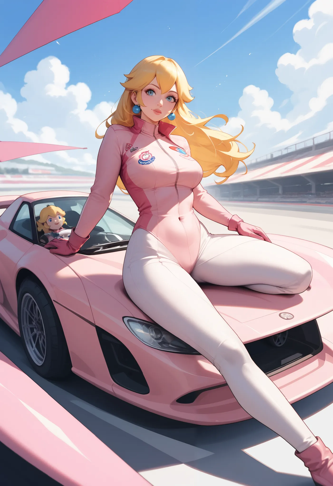 Peach leaning against his racing kart, pink pilot jumpsuit, Sensual, Mature Woman
