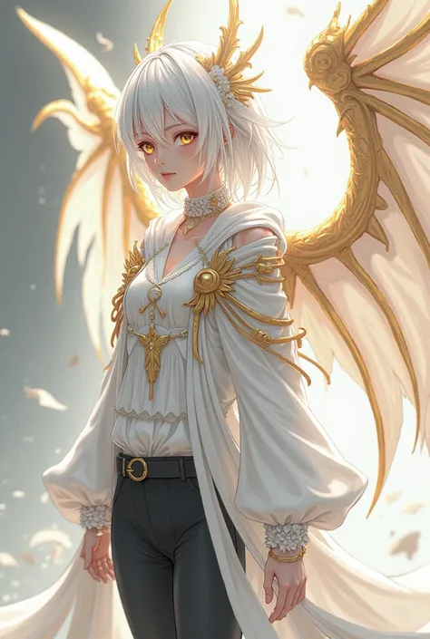 alone, anime girl,  dragon girl , dragon wings on the back white and gold medium white hair, golden eyes, fair skin, White and gold cape, white clothes,  black pants.
