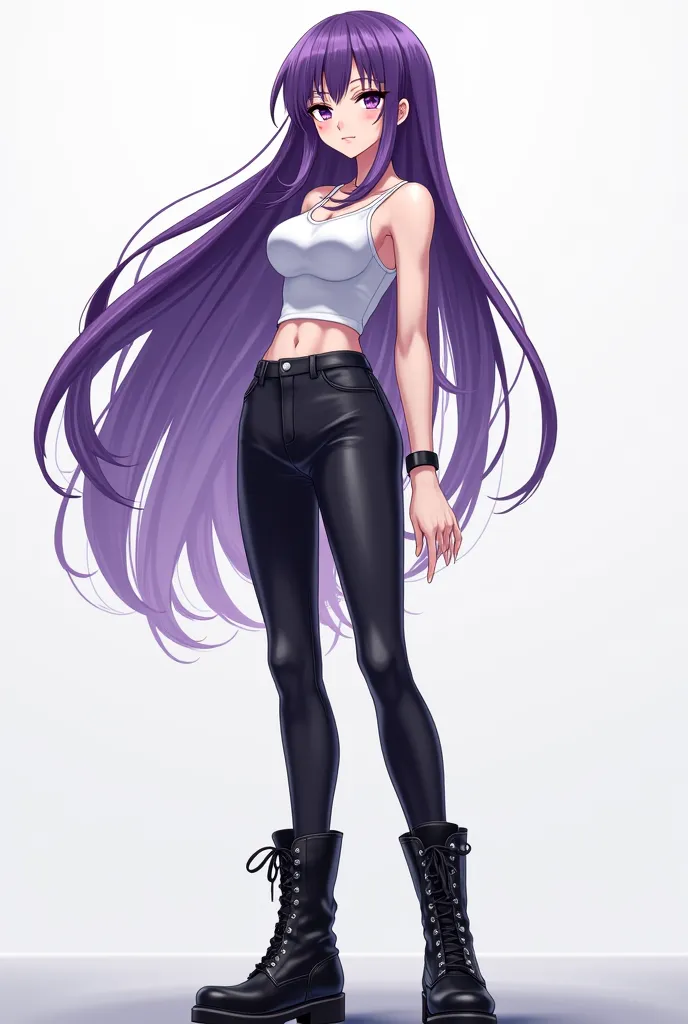 A tall anime-style woman, has long hair up to the waist in purple, purple eyes shirt, A slender body with curves, wears a tank top, long pants and black military boots