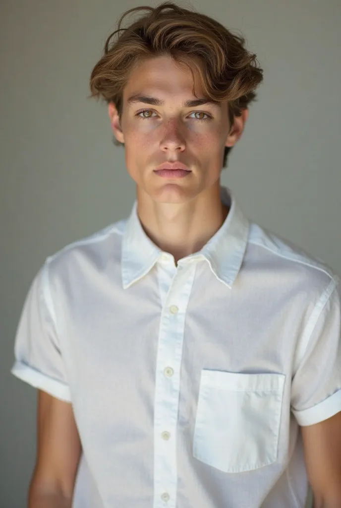 A picture of a 16 (male) year-old ager with fair skin, light brown hair and hazel eyes wearing a white shirt with sleeves and black jeans 