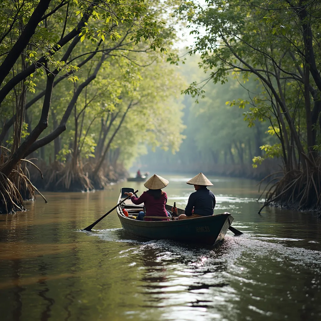 A traditional wooden boat gently gliding through a tranquil, tree-lined canal in the Tân Lập forest, with two travelers wearing Vietnamese conical hats enjoying the serene atmosphere of the untouched wetlands.