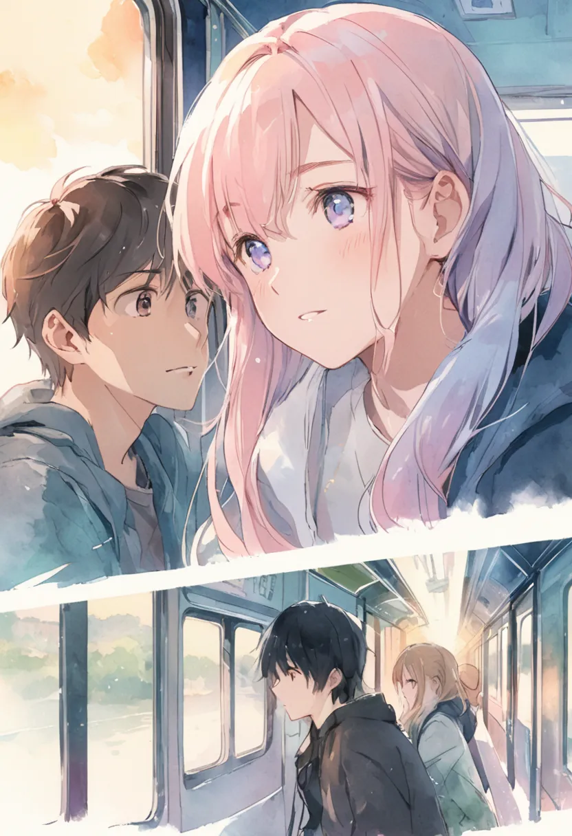 A reflective anime-style illustration rendered in gentle pastels and soft watercolor textures. Depict a 23-year-old man looking out of a train window at passing city scenes, while a 24-year-old woman is shown on the other side of a split-screen effect, bot...