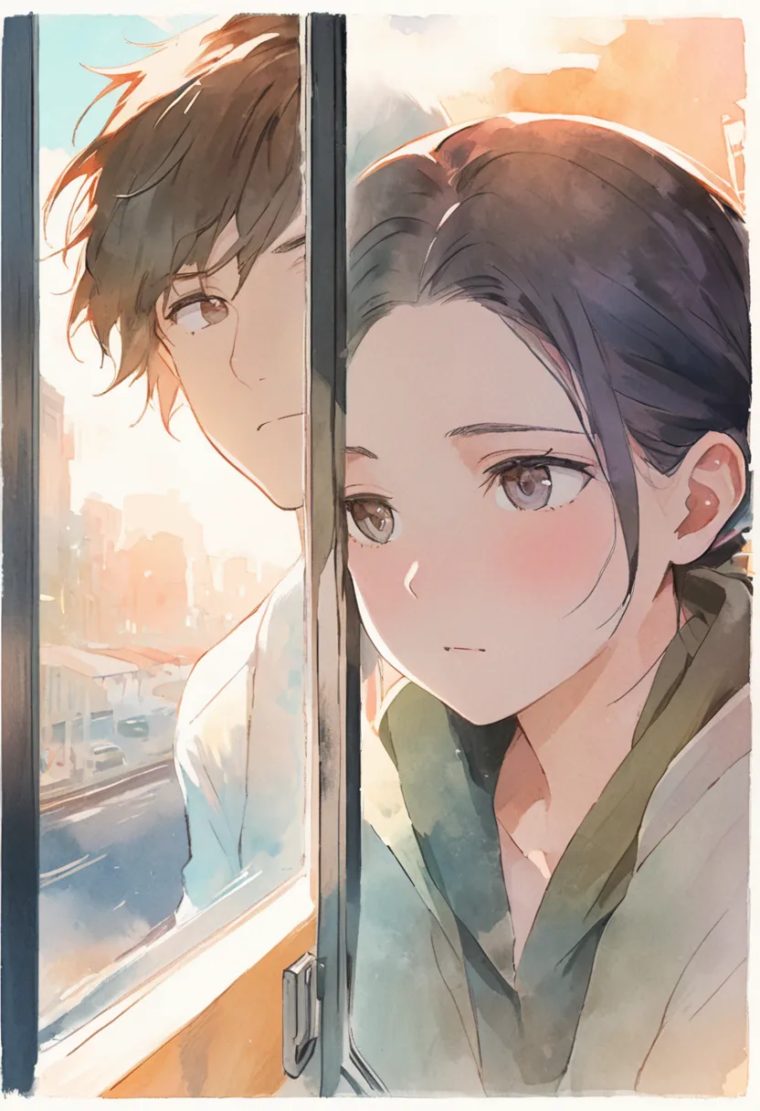 A reflective anime-style illustration rendered in gentle pastels and soft watercolor textures. Depict a 23-year-old man looking out of a train window at passing city scenes, while a 24-year-old woman is shown on the other side of a split-screen effect, bot...