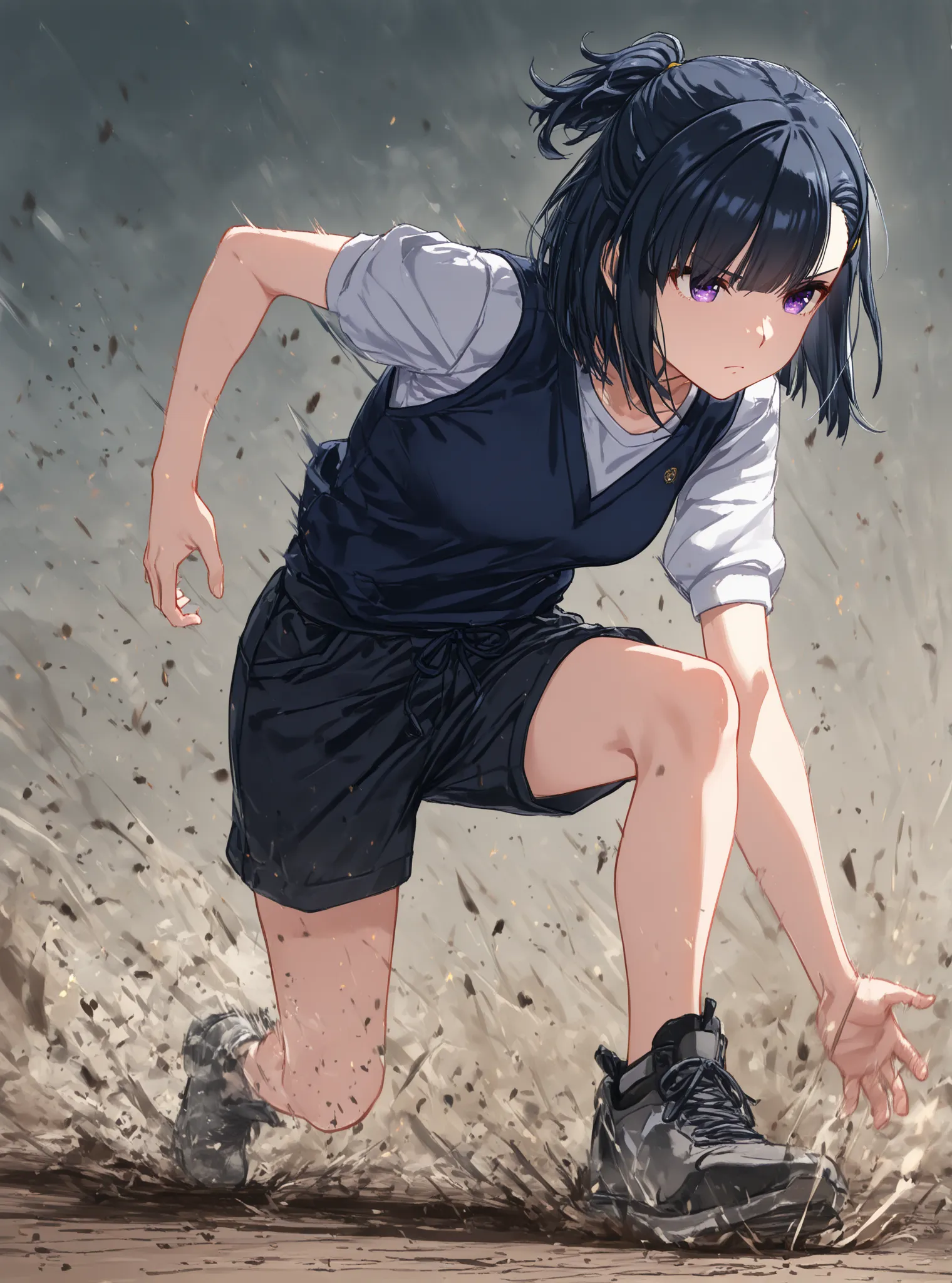 UMAKO,medium hair,black hair,asymmetrical bangs,hairclip,short ponytail,purple eyes、REAL SKIN, 、Running with a forward lean, stepping on the ground, looking from the side, cutting through the wind, gaining speed、A dignified face, a serious face, looking ah...