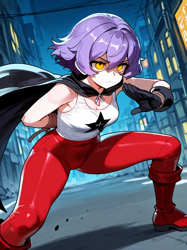 High resolution, masterpiece, 2 characters
BREAK

 (in front), 1 girl,  Whole body, short hair, Hair in front of the ears, Purple hair, ojos grayes, tank top blanco, red leggings, Red boots, black cape, black gloves, shiny threads of the hands, Combat Pose...