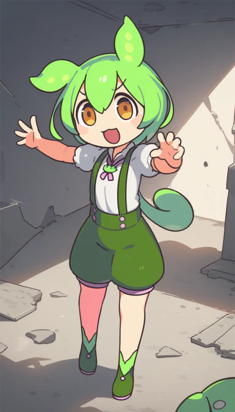 (zundamon,voicevox),(green hanging shorts , green tie, white short sleeve blouse ,green hair),smile,Shoot an assault gun , concrete ruins, Gunfight,masterpiece,Top Quality,super high resolution,rich contrast that makes erectile breasts visible,high image q...