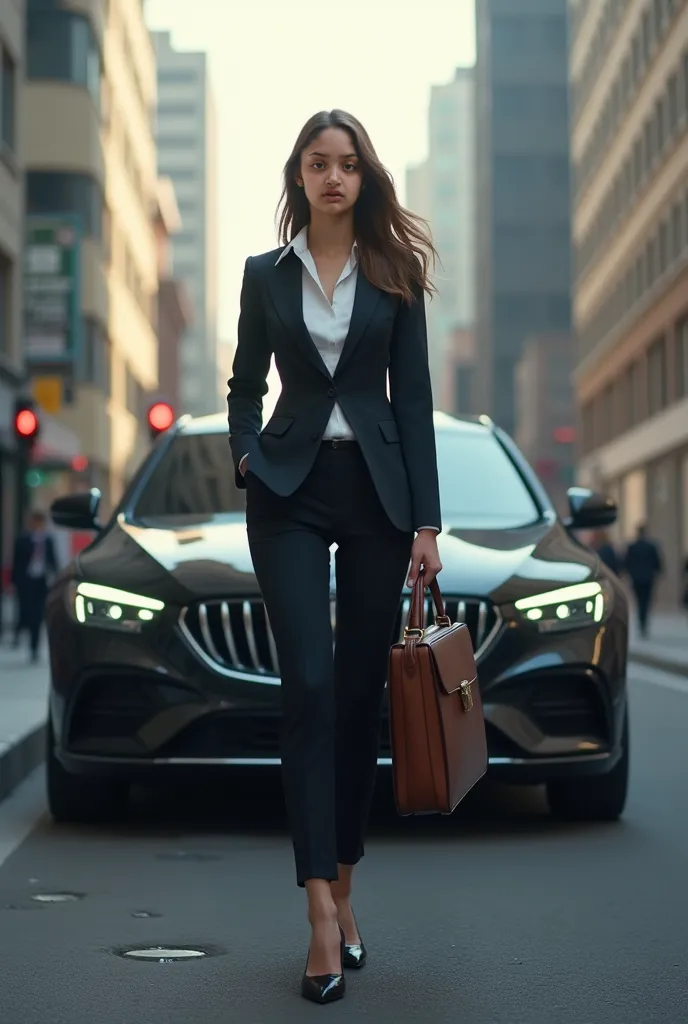 A lady holding a briefcase near a car 