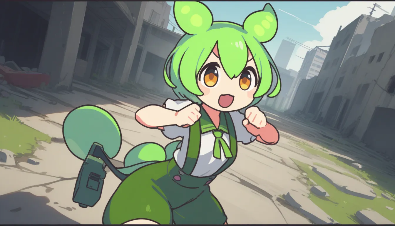 (zundamon,voicevox),(green hanging shorts , green tie, white short sleeve blouse ,green hair),smile,Shoot an assault gun , concrete ruins, Gunfight,masterpiece,Top Quality,super high resolution,rich contrast that makes erectile breasts visible,high image q...