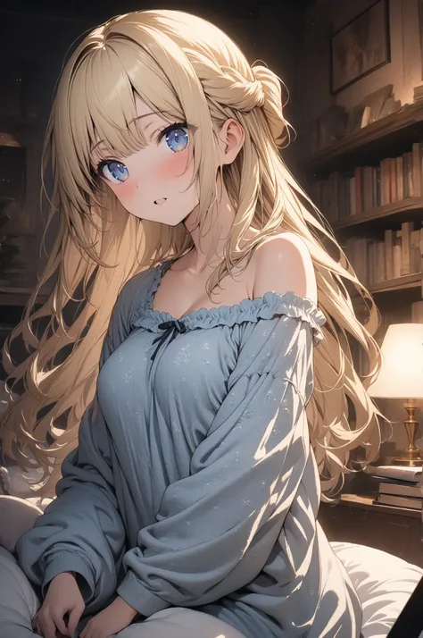 (masterpiece, detailed:1.2), One Girl, Princess, (18-years old), blonde half updo, Medium Breasts, sky blue eyes, BREAK, Highest quality, off shoulder room wear, in her room, cushions, books, at night