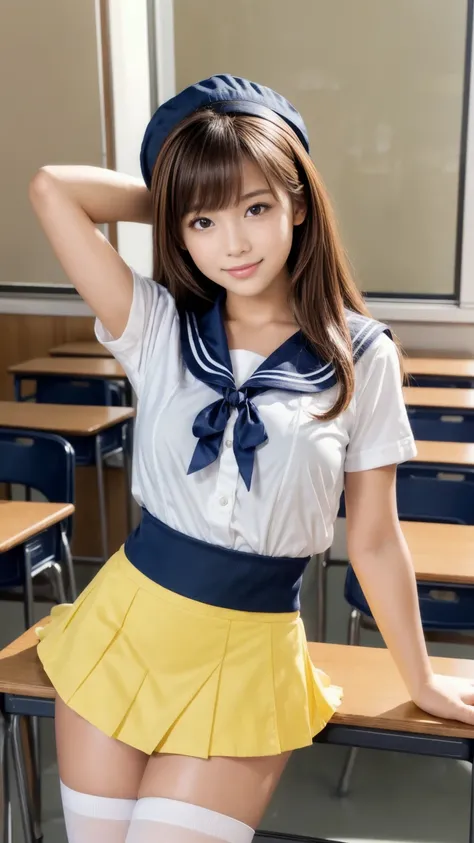 Masterpiece,Product quality,One young beautiful Japanese woman, Pin-up Model, smiling, medium height,(well-proportion:1.5), female student.
Front view,(Cowboy shot),(composition emphasizing thighs:1.4),(shot from below:1.4).
Daytime,(high school classroom:...