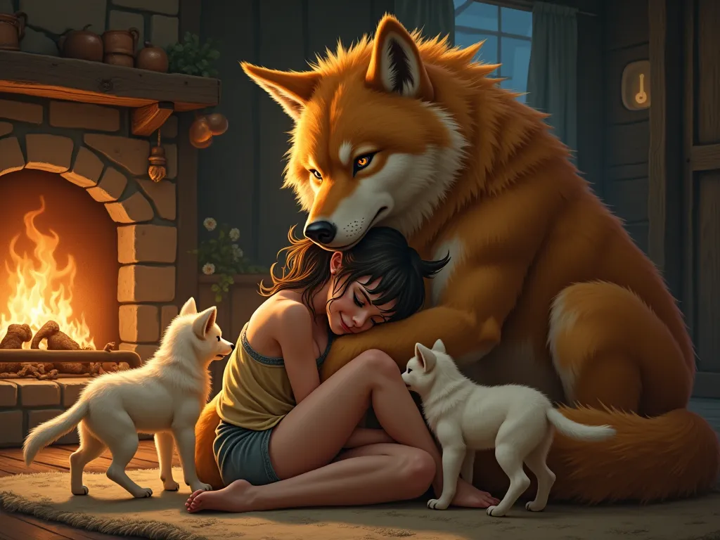 cute petite girl with horns cuddled with ginger dire wolf in rustic cabin, many wolf pups, mischievous smile, implied sex, fireplace