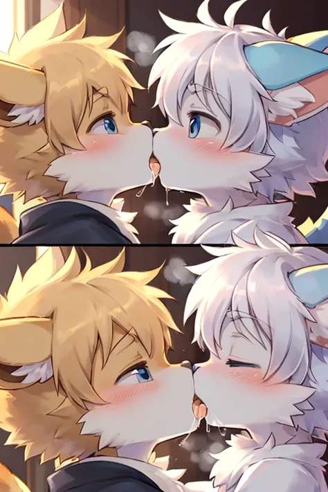 kemoshota, best quality,best resolution,(fluffy anthro furry :1.6),(young :1.6), vaporeon and eevee, 2boys kemoshota lovers, deep kiss, heavy breath, plenty drool, dynamic angle