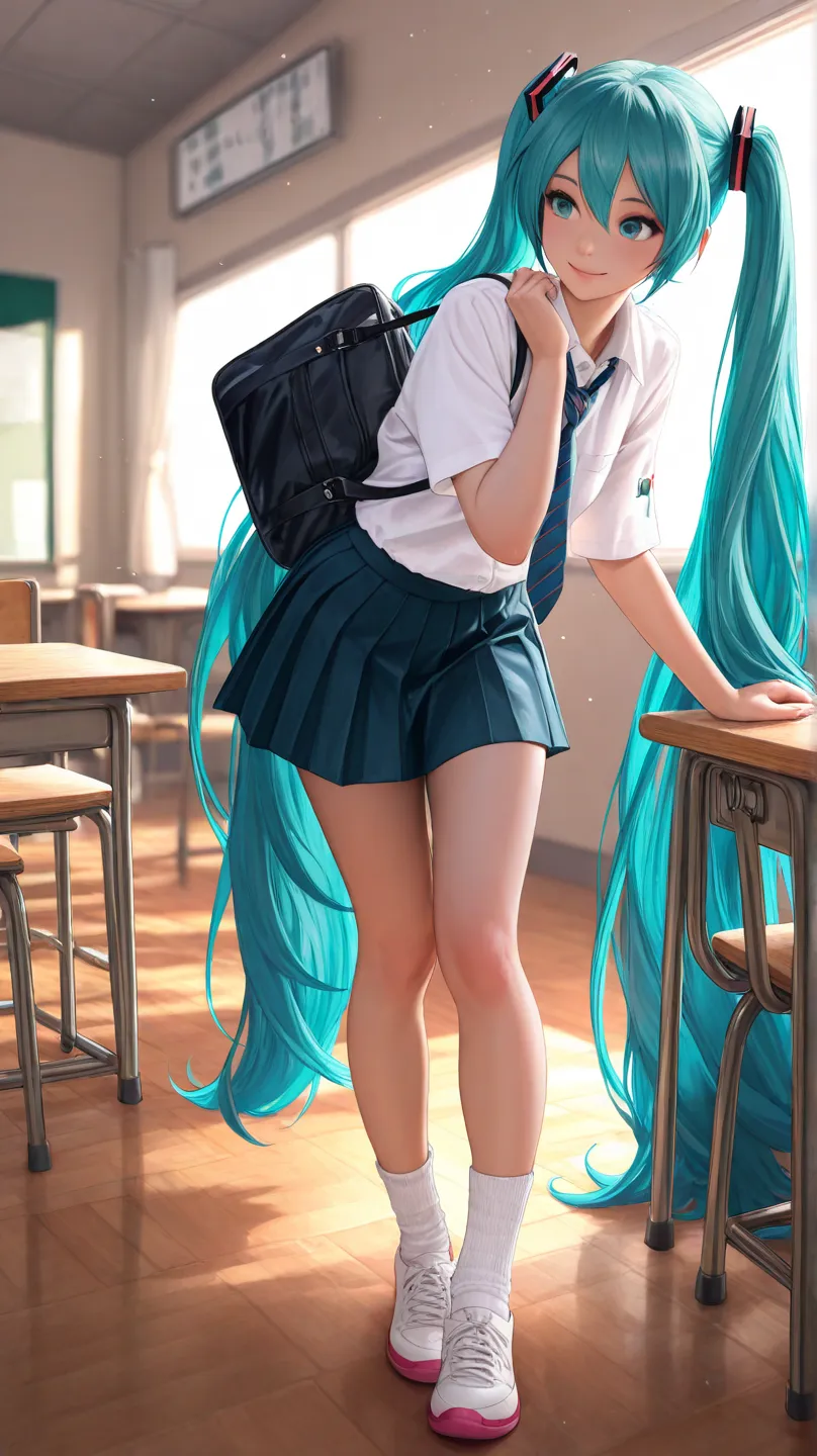 high quality,real, ultra-fine in 8K,High Quality,realistic,超high quality,Hatsune Miku, high school student,,uniform,smiles,classroom,full body,4K,8k,High Resolution,masterpiece,ultra detail,real,stares at,HDR,Studio Light,Ultra Fine Paint,sharp focus,Physi...