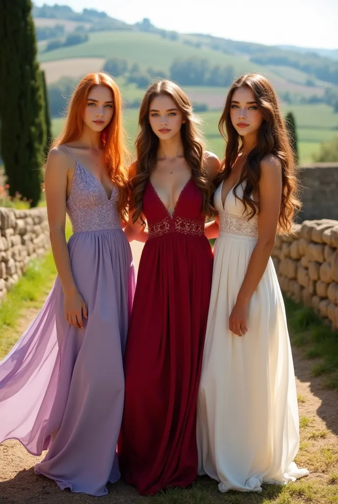 Three women stand gracefully in a picturesque Italian countryside, each posing elegantly against the backdrop of rolling hills and lush greenery. The sun casts a warm, golden glow over the scene, highlighting the vibrant colors of their flowing dresses. On...