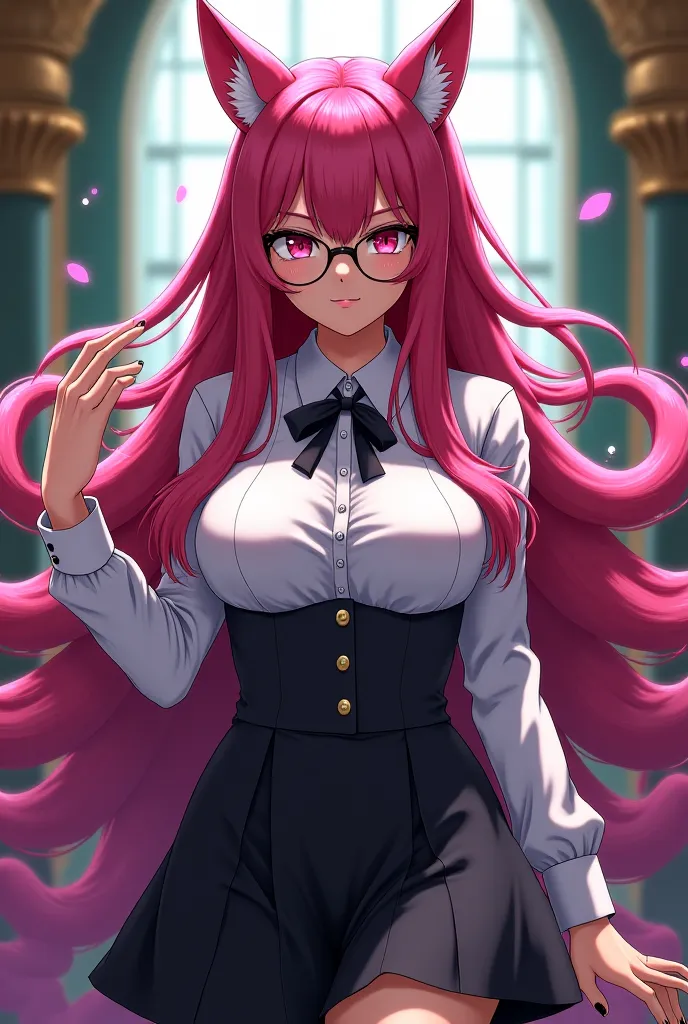  anime female，Fuchsia Long Hair，wear glasses，Awareness，Royal sister， fox ears，Nine Plush Tails，Tight Teacher Uniform，E-cup，Queen，Sadistic