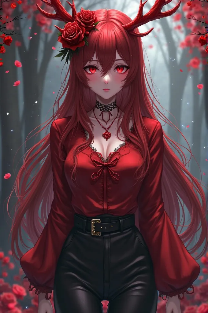 generate a dark red long haired beautiful anime girl with, wearing a red domino crown, wearing red adurite antlers, wearing a black leggings a dark red shirt tucked in, and a red rose necklace. wandering around the day of red roses