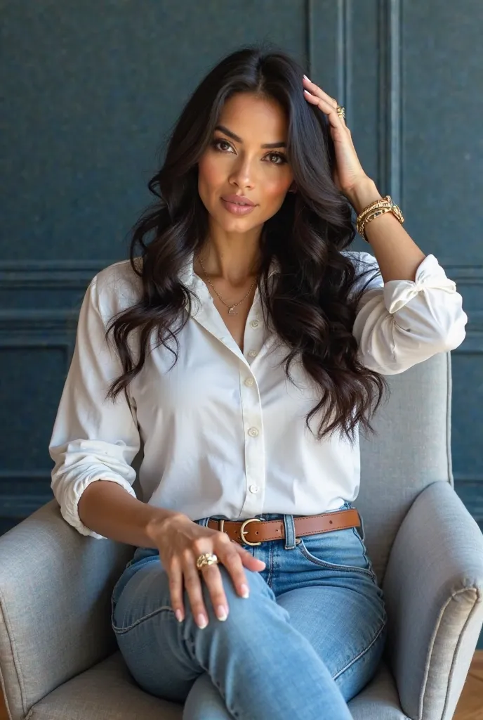 Create a realistic photo of a beautiful woman, Elegant 35-year-old long black wavy hair, with a more casual outfit, More connection and that conveys credibility, jeans with a brown belt, a white shirt and white dress shoes, She is wearing delicate gold acc...