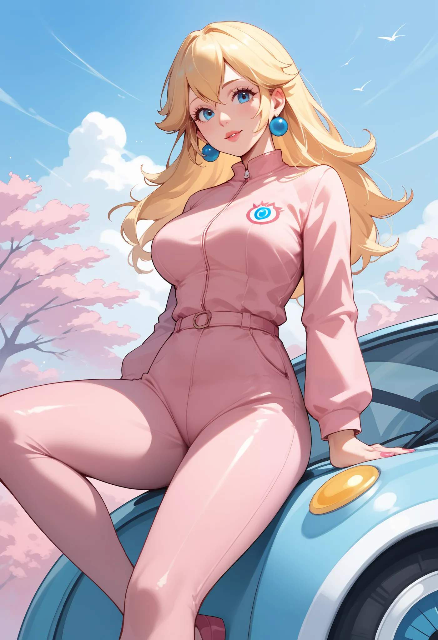 Peach leaning against a blue Porch 911 GT3, pink pilot jumpsuit, Sensual, Mature Woman
