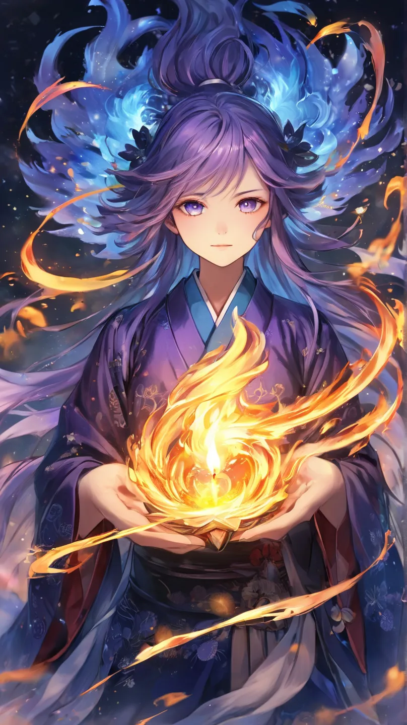 "A mystical and alluring Japanese yokai named Yumetsunagi-no-Kagaribi, the dream-binding beacon. It appears as a floating fire, its flame shifting between hues of blue and violet, flickering like the breath of a dream. Those who gaze into it feel an overwh...