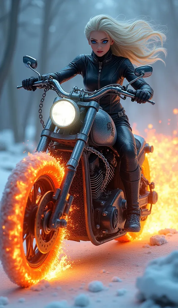 "A fierce and powerful hybrid creature formed by the union of Elsa and Ghost Rider, transforming her into a ghostly motorcycle rider made of ice and fire. The creature’s body is cloaked in a blackened, icy leather suit that shimmers with frost, its edges o...