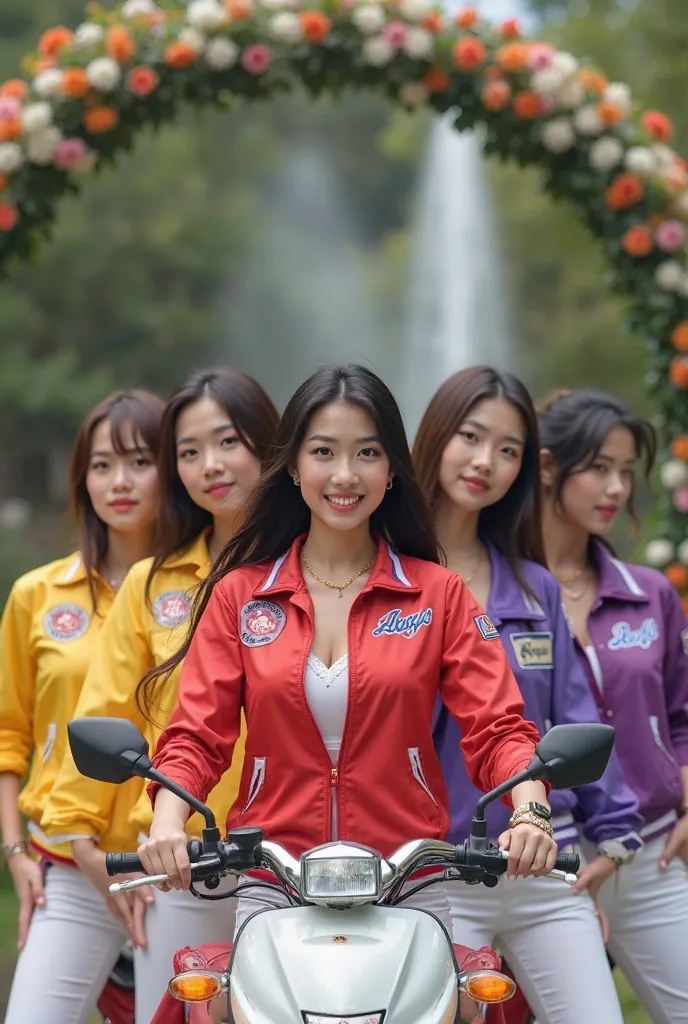 Five beautiful Asian women . ,,all soft white leather,medium breasts, big hips, and three handsome men smiling sweetly,all wearing jersey jackets with their respective colors yellow,red and purple,with sulking names inscribed "Hasanah", "wolf",arni",,""mei...