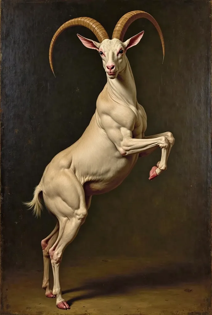 Raphael style painting a satanic goat,  of foot, standing on its hind legs, chest and arms with defined muscles, From the waist down goat's body 