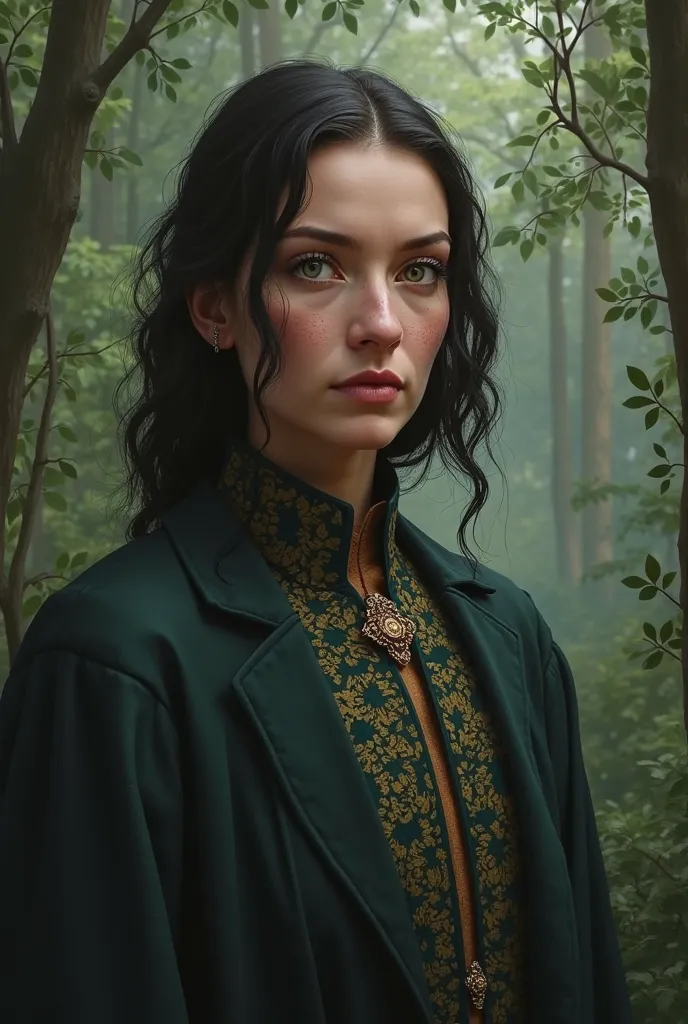 A house tarly old girl around 48 with dark hair and dark green eyes in Tarly Formals and realistic