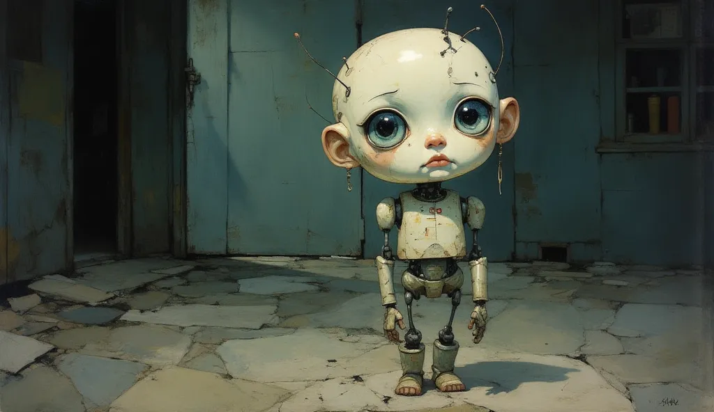  full body view.  Little Funny Robot ,  porcelain face and head ,  large turquoise eyes , perfect eyes,  top quality style . beautiful cinematic impressionist painting, dark and dramatic characters, in the style of Jeremy Mann and Charles Dana Gibson,  alw...