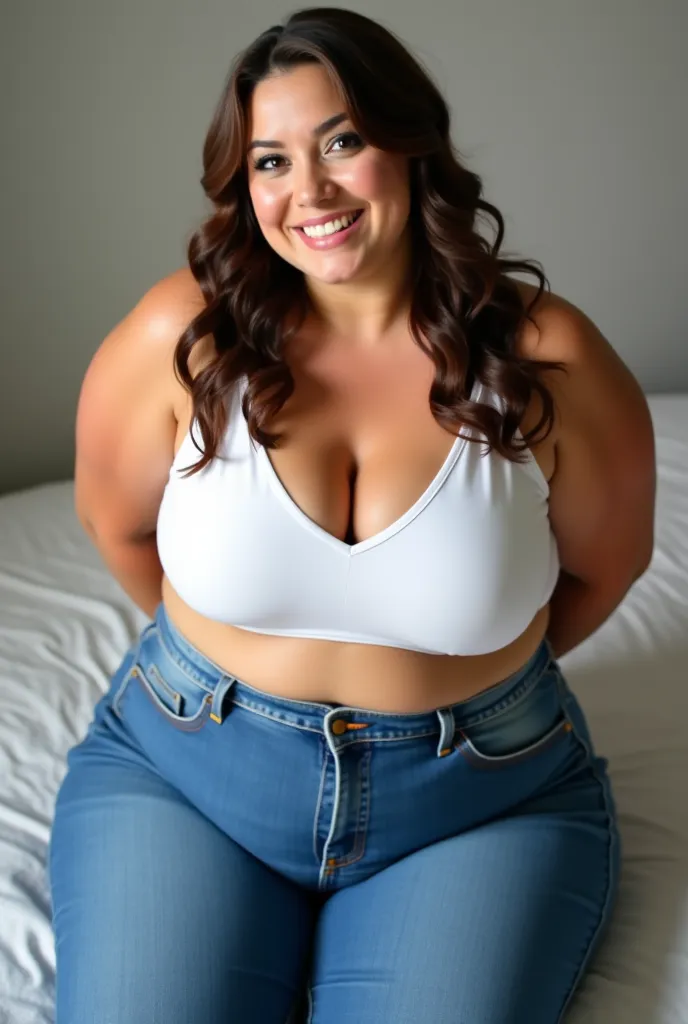 A thick chubby curvy plussize latina girl wearing a white bikinitop and highrise stretchy jeans. She is sitting and looks very happy. She is leaning forward with her back arched forward. She has thick thighs and large breasts and very wide hips. She is loo...