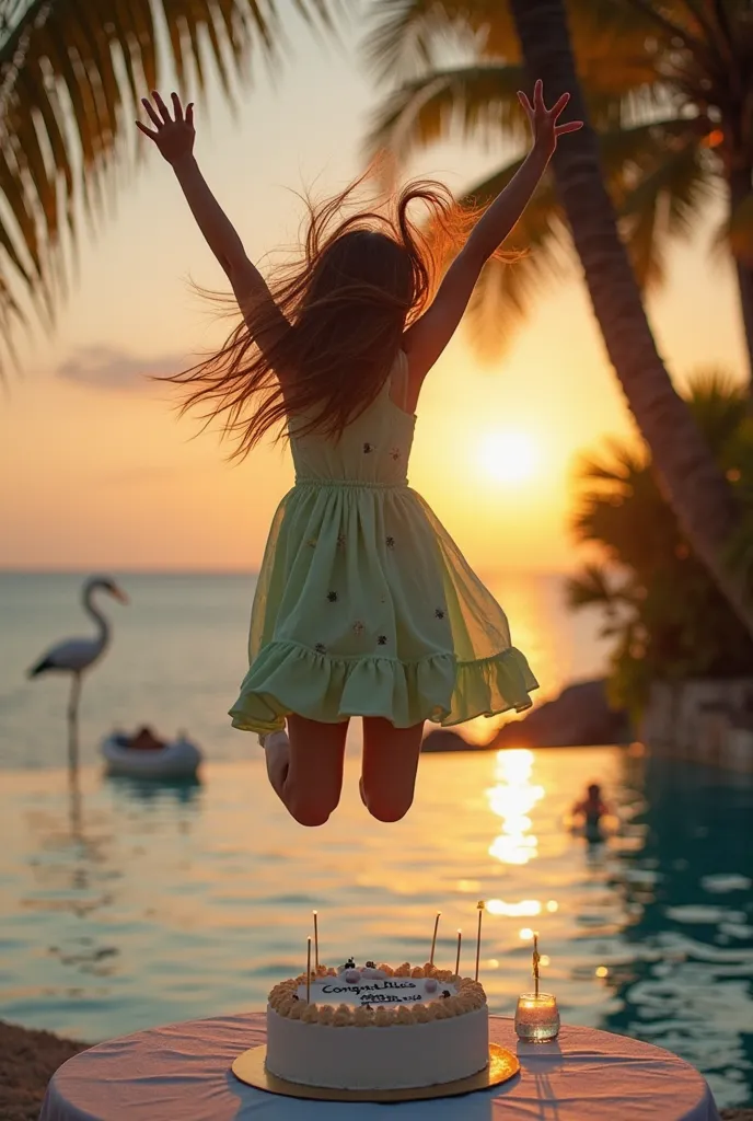 A 30-year-old girl jumping with her hands up  , long hair in the wind,   light green dress with small white flowers embroidered on the dress  ,   behind her a bird from a pool with several men singing congratulations  ,   in front of her a table with a rou...