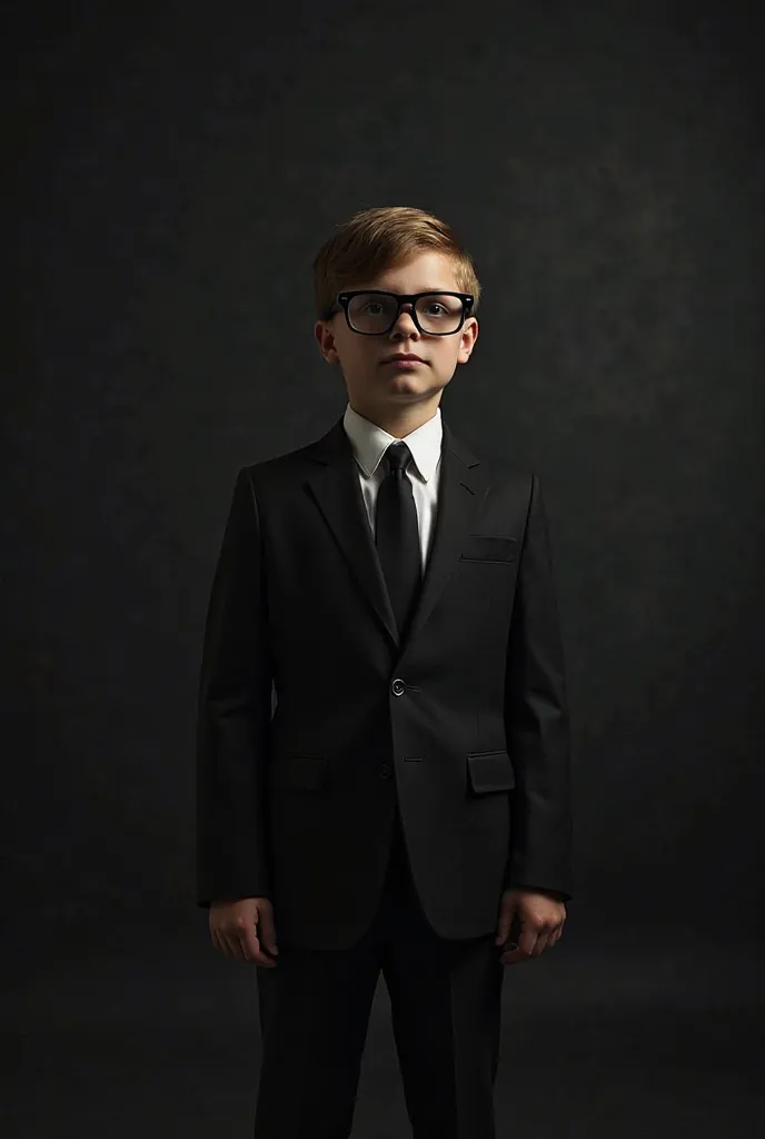 Creating a 5-second reel in a professional film studio. The scene begins with a  boy with his back to the spectator, in front of a black canvas background,  wearing an elegant black suit , white shirt and black tie. In the first 2 seconds, the camera focus...