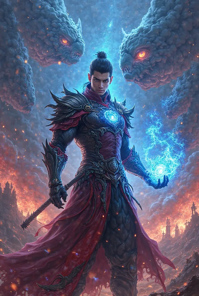 An epic web novel cover image in the style art featuring animated manhwa style male warrior in mystical designed streamlined body-con ancient red and black armor,. his hands is manipulating vibrant blue elemental magic, eyes glowing in vibrant blue. He has...