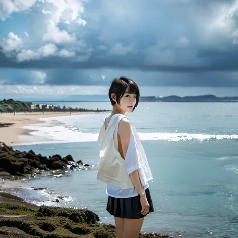 japanese woman,  one woman, ruin,  kawaii, ((very short cut:1.2)), ((cloudy, looking at viewer, standing by the sea:1.2)), white tanktop, black business jacket