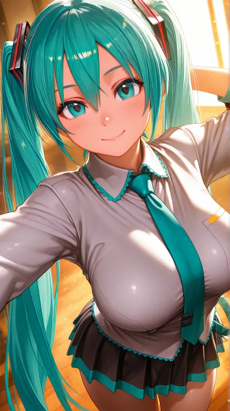 high quality,real, ultra-fine in 8K,High Quality,realistic,超high quality,Hatsune Miku, high school student,,uniform,smile,Big Breasts,miniskirt, pose ,フォトreal,Extreme detail,4K,HDR,studio lighting,Brilliant Colors, bokeh effects ,fantasy,anime,portrait