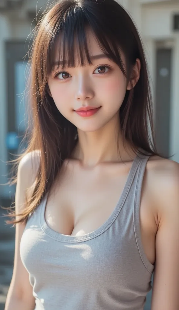  Beautiful South Korean girl,   facial beauty  , cute look,   Sweet Face, thin, Lazy-low ball head hair style, lipstick,   gray tank top  ,  at night, Pretty slim girl, thin body, At the gym, body with both female and male characteristics
