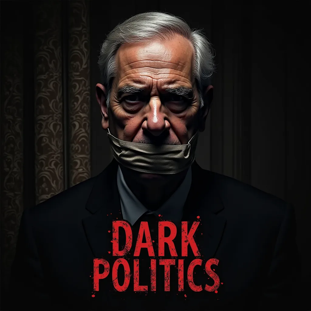 Crie uma imagem de perfil para um canal do YouTube chamado 'Dark Politics'. The image must show the face of a politician (generic or stylized, without references to real people) with the mouth blocked by a padlock, an adhesive tape or censorship symbol. Th...