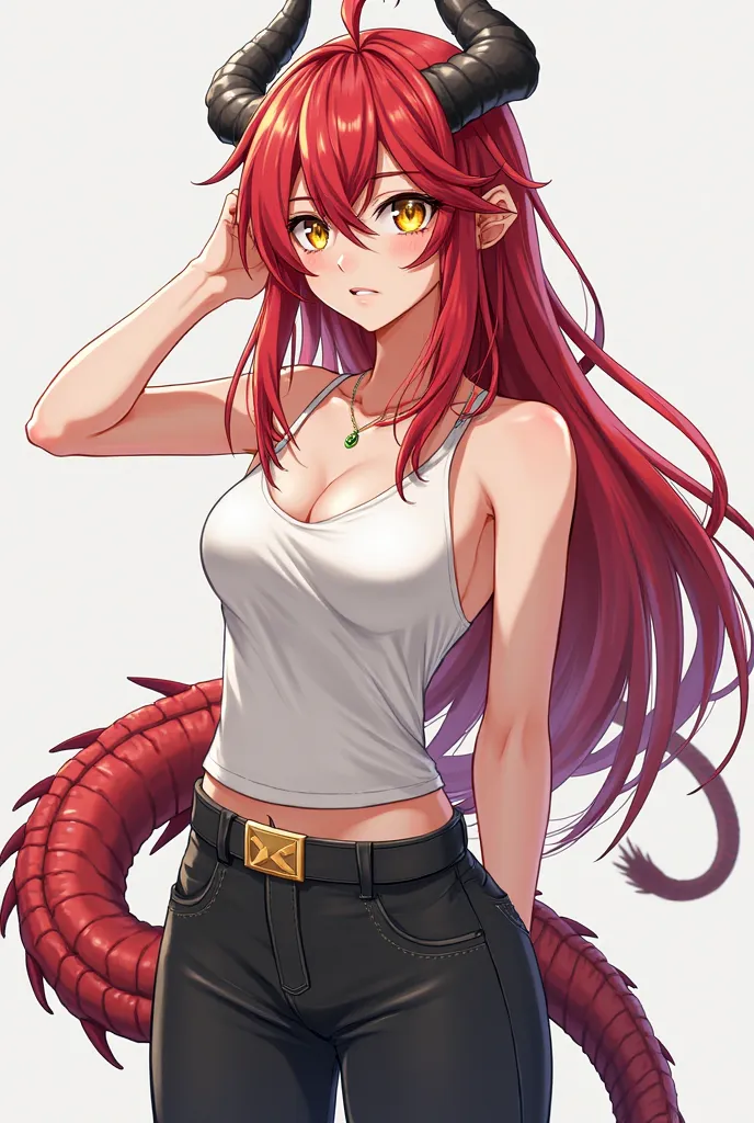 (artwork, maximum quality, best quality,  official art ,  beautiful and aesthetic:1.2)  female,  dragon girl from anime , fair skin, red scales on the face,  dragon horns on the head, long red hair, golden eyes, White tank top ,  black pants,  tail.
