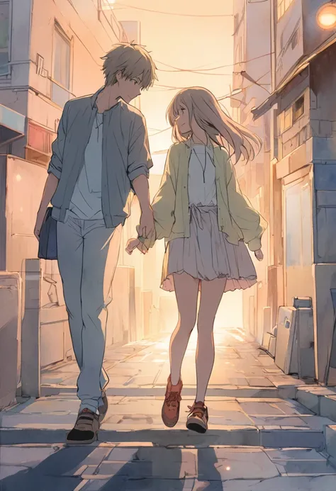 An inspiring anime-style illustration rendered in soft pastels with delicate sketch-like lines and a watercolor finish. Show a 23-year-old man and a 24-year-old woman in separate scenes stepping forward in their respective urban environments at twilight. E...