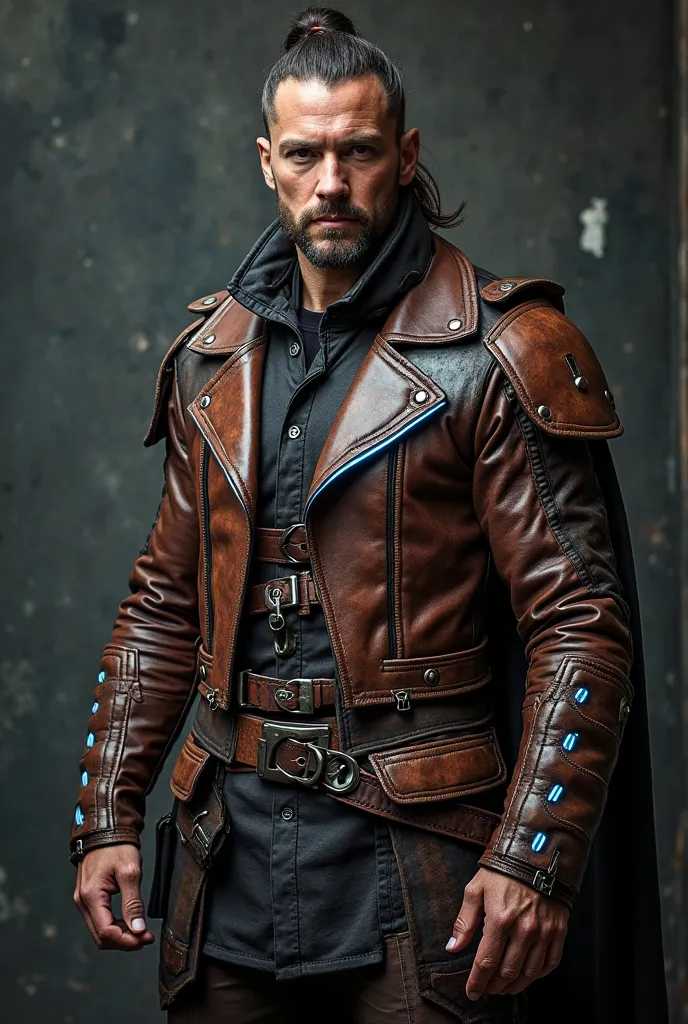 Viking-style leather jacket with LED lights, front view, For men