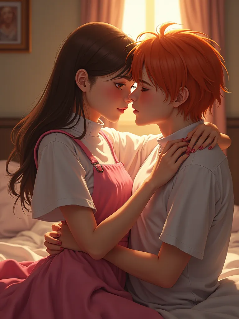 A beautiful high school girl wearing a pink jumper skirt in a high-necked white blouse with chestnut half-up bangs and a handsome male high school student with random orange hair are having sex in bed