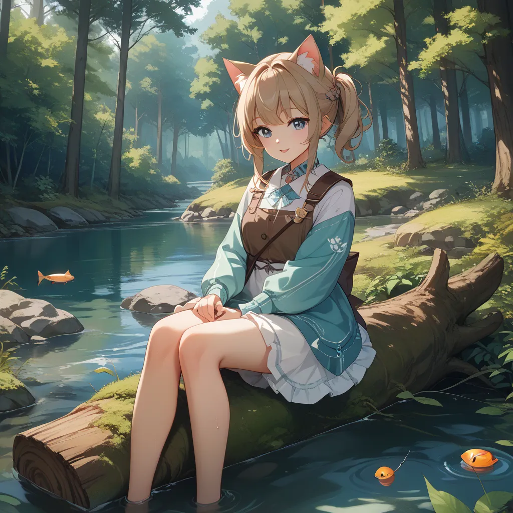 Girl with cat ears 、cute、fishing、Moose Sleeve、 Long Sleeve、river、forest、Sit on a fallen tree trunk