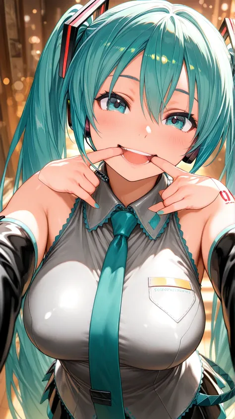 high quality,real, ultra-fine in 8K,High Quality,realistic,超high quality,Hatsune Miku, high school student,,uniform,smile,opening your mouth,Big Breasts,miniskirt, pose ,フォトreal,Extreme detail,4K,HDR,studio lighting,Brilliant Colors, bokeh effects ,fantasy...