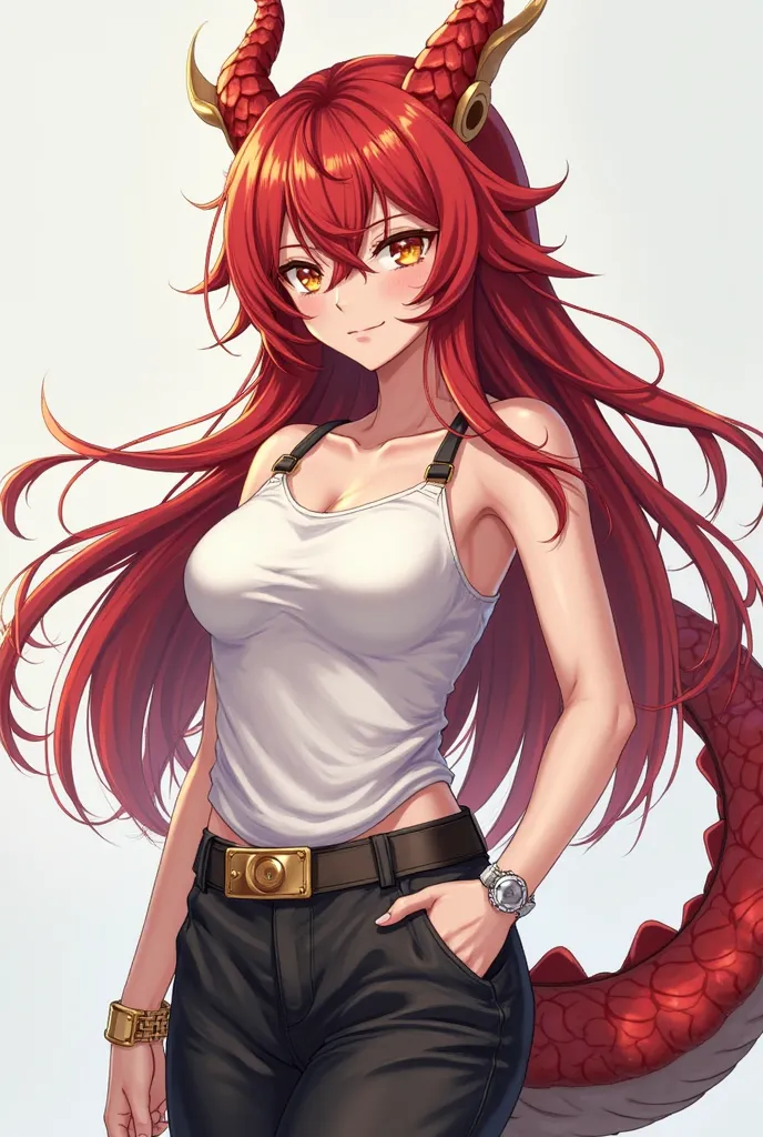 (artwork, maximum quality, best quality,  official art ,  beautiful and aesthetic:1.2)  female,  dragon girl from anime , fair skin, red scales on the face,  dragon horns on the head, long red hair, golden eyes, White tank top ,  black pants,  tail.
